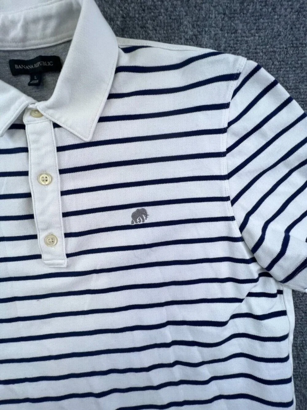 Banana Republic Polo Shirt Men's Large White Blue Striped Casual Golf Elephant